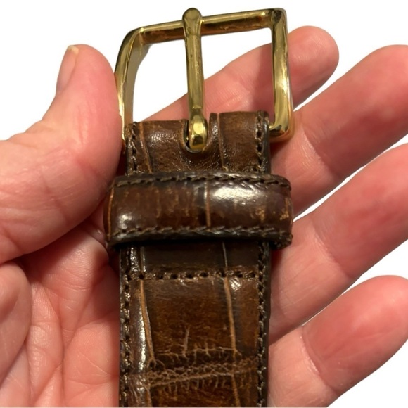 Brown Croc Alligator Grain Cowhide Leather Belt Bold Brass Buckle 36-40" Waist - Picture 2 of 12